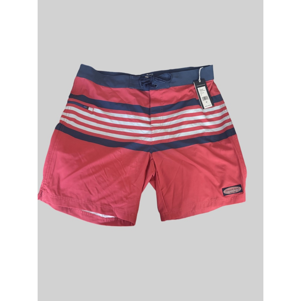 NWT, Men's Vineyard Vines Swim Trunks Red Navy Blue Striped, Size 36